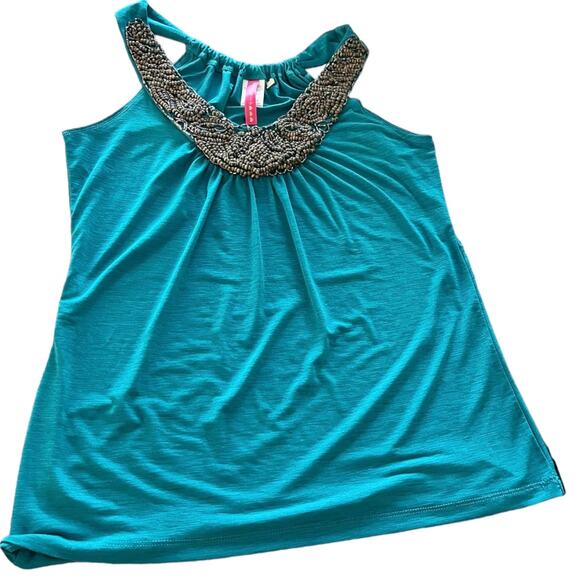 HEART SOUL Teal Tank Top Embellished Beaded Mesh Scoop Neck Sleeveless Small EUC - Picture 8 of 8
